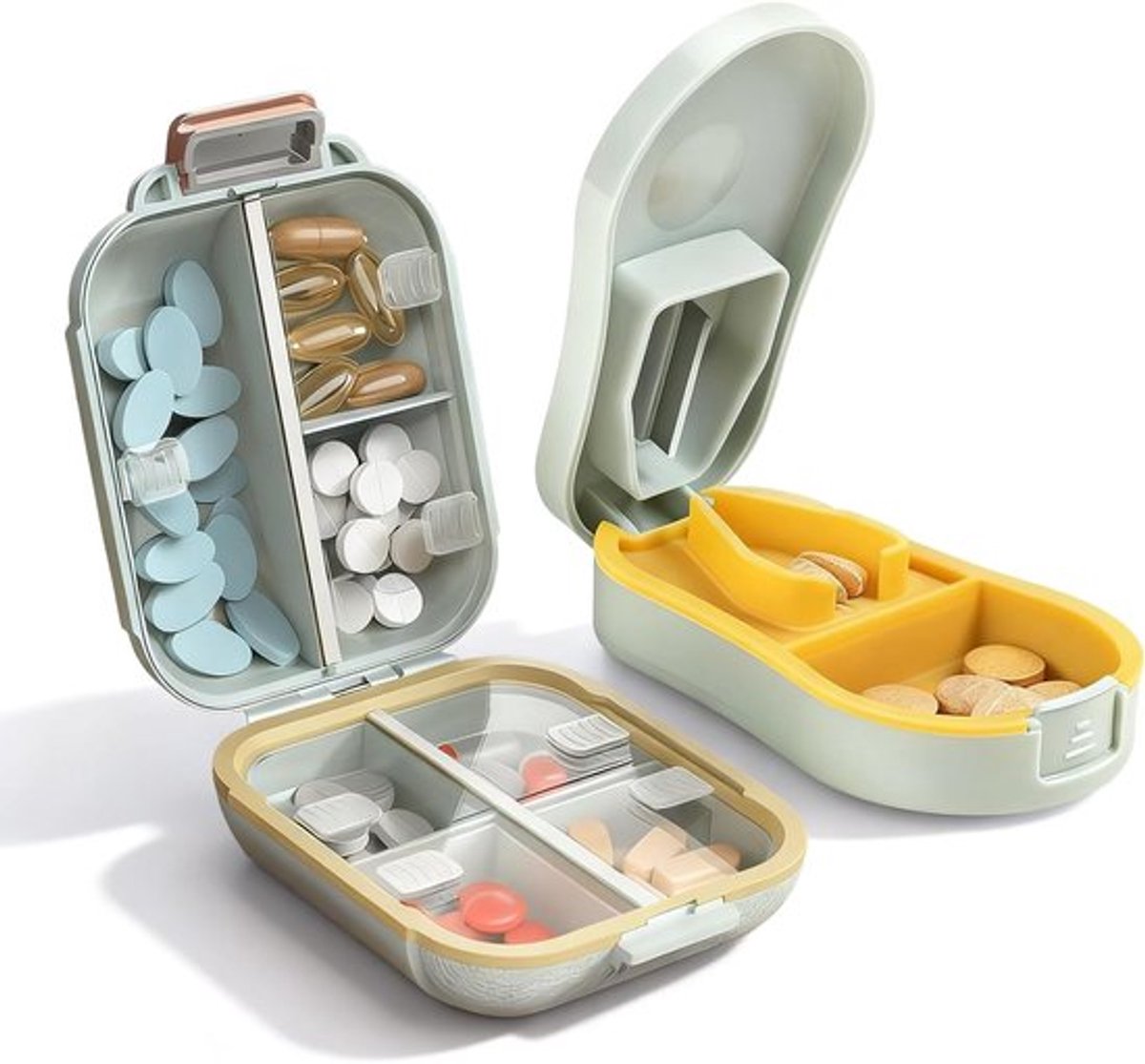 7-daagse Medicijndoos met Pillensnijder, Compacte Reispilbox voor Vitaminen en Supplementen, BPA-vrij en Handig voor Thuis en Op Reis