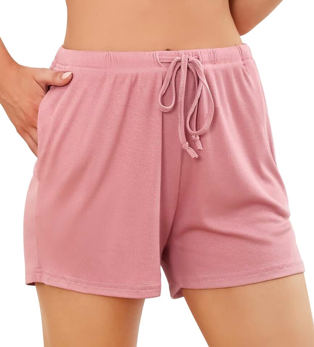 Damespyjamabroek, superzachte loungeshorts, stretch gebreide pyjamabroek met zakken en trekkoord, S-XXL