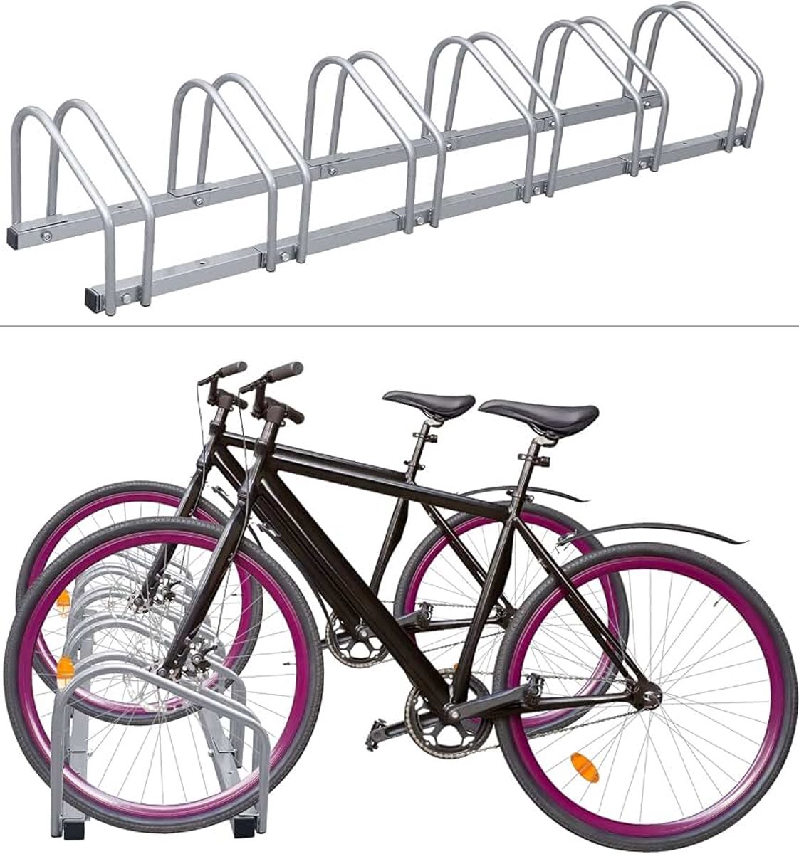 Fietsstandaard, voor 4 fietsen 35-55 mm bandbreedte, vloer en wandmontage, meervoudige standaard fietsparker, opstelstandaard verzinkt, zilver afmetingen HBT: 26x101x32 cm
