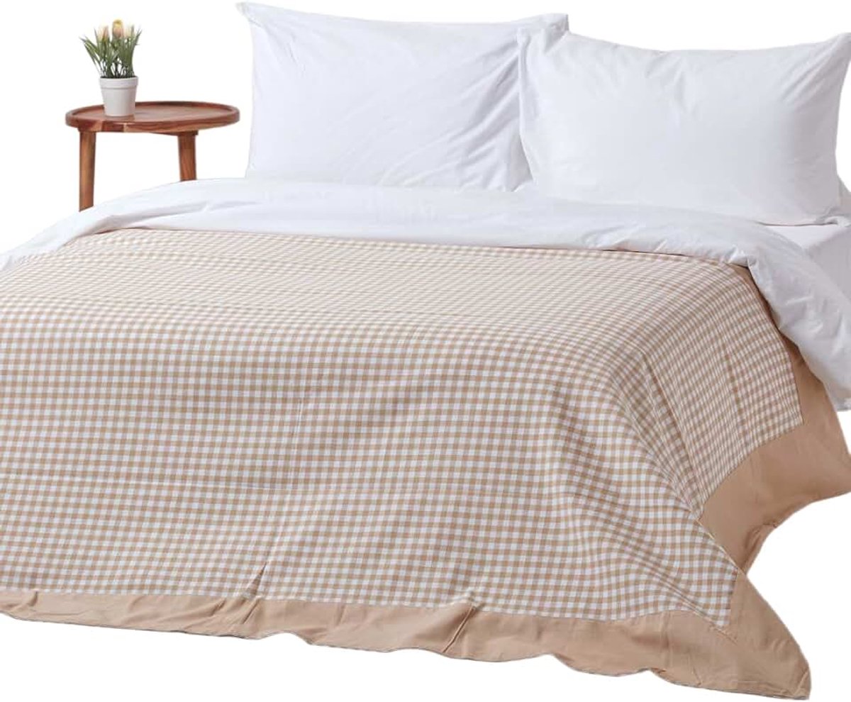 Sprei/plaid/deken geruite gingang, 150 x 200 cm - 100% puur katoen - handgeweven, beige geruit