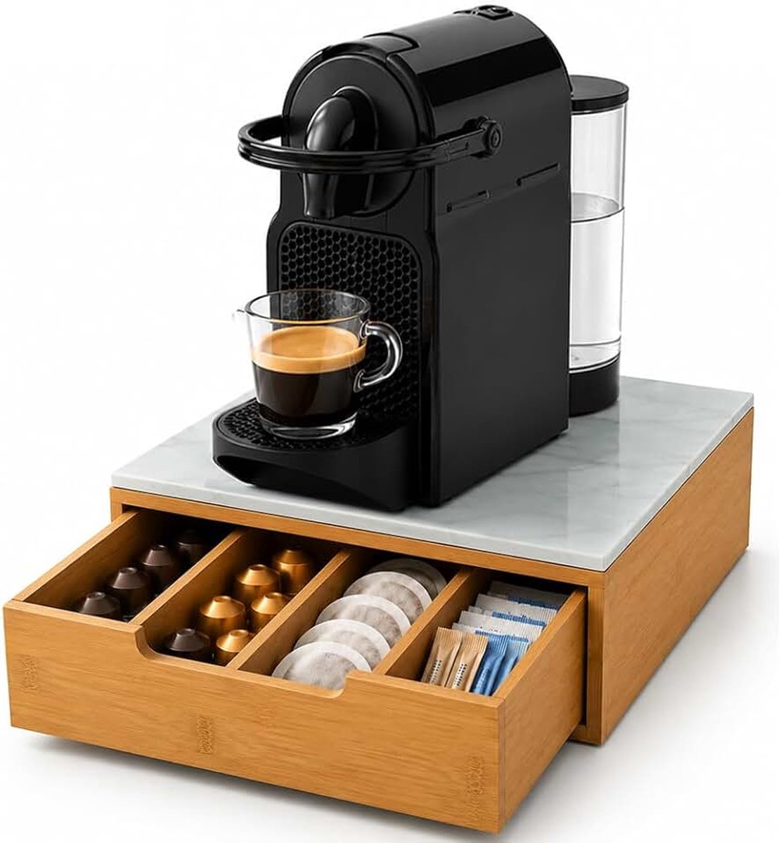 Capsulehouder met lade voor capsules Nescpresso Dolcegusto Modomio Caffe Lavazza theezakje suiker van bamboehout (31,5 x 30 x 10 cm Sky White)