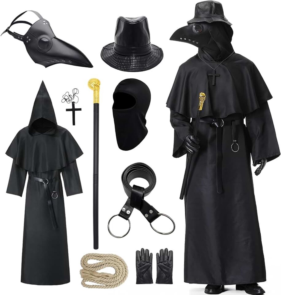 Pestdokterskostuum voor heren, middeleeuws pestdokterkostuum met pestdoktermasker voor volwassenen, Halloween, carnaval