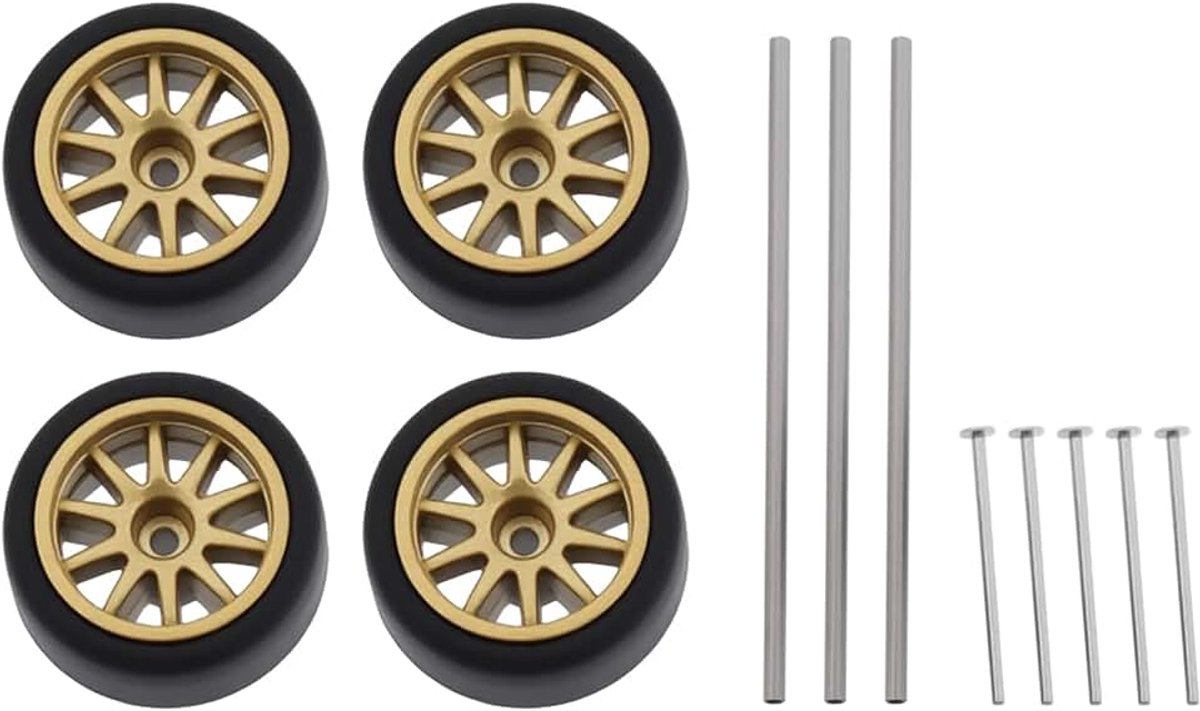 1 Set HO Schaal Road Racing Gold Wiel met Banden Assen Compatibel met Aurora T-Jet Rrr Model Auto Racing