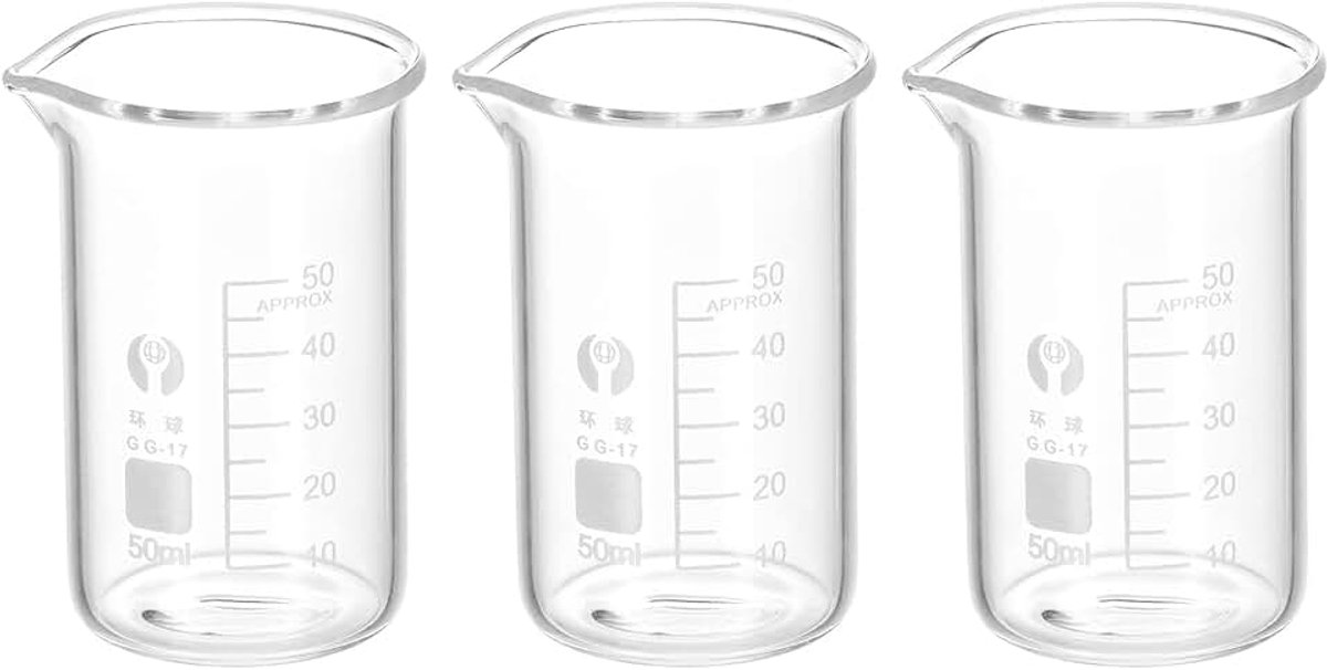 3 Stks 50 ml Hoge Vorm Glazen Beker, 3.3 Borosilicaatglas Gegradeerd Gedrukt Schaal Maatbekers met Uitloop voor Keuken Lab Vloeistoffen
