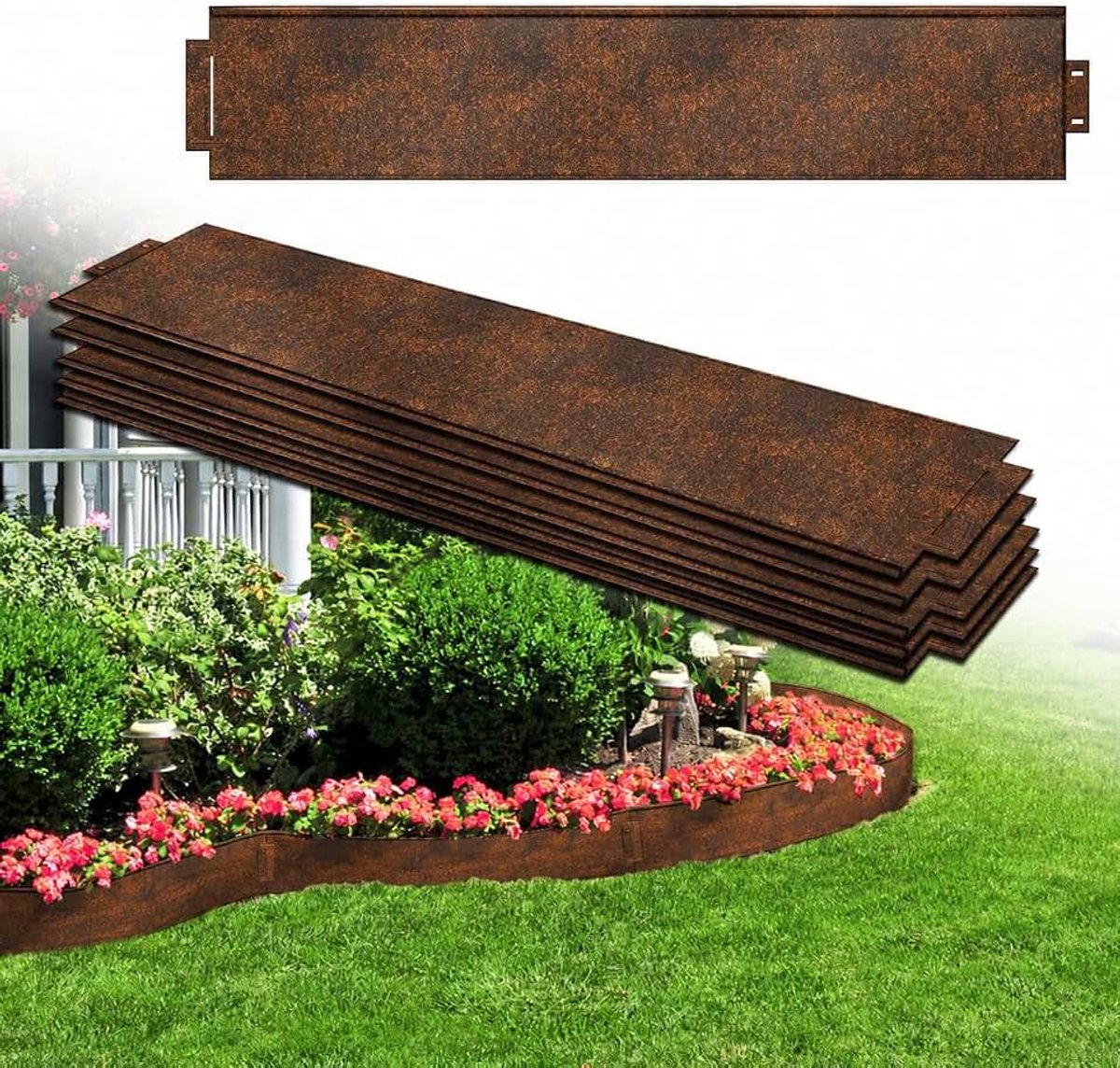 Gazonrand van verzinkt staal, 50 m x 18 cm, bloembedrand met roestlook, maairand, palissade, 50 stuks, 100 cm x 18 cm (l x h), voor het afbakenen van bloembedden, tuinpaden, bomen