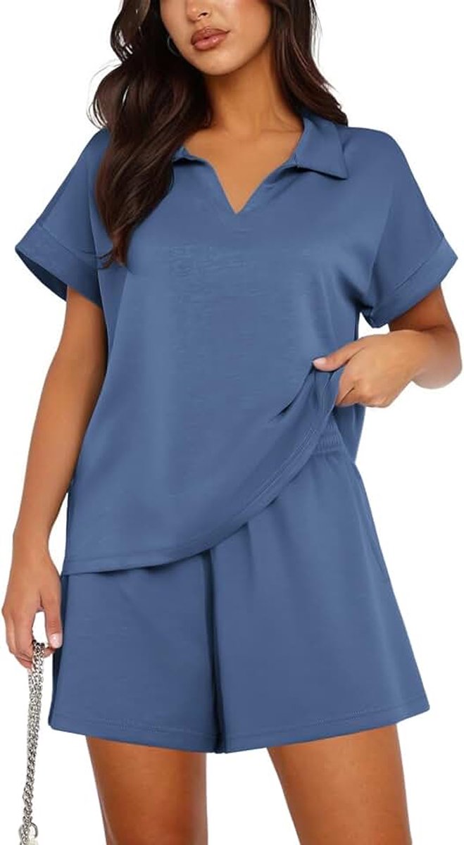 Trainingspak Dames Korte Mouw V-hals Top Shorts Tweedelig Elegante Loungewear 2-delige Zomerreisoutfits Joggingpak Trainingspakset