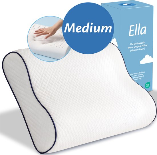 Wit Ella orthopedisch golfkussen van traagschuim (medium) met blauwe bies, op een bed. Met een cirkel die de textuur toont.