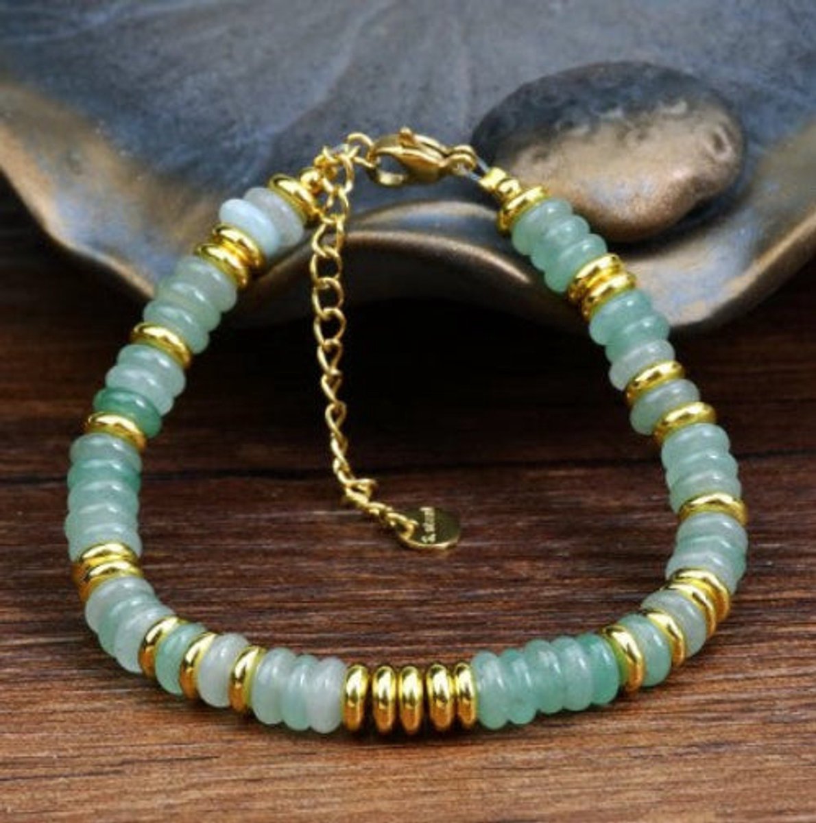 Light Green Gemstone Bracelet with Gold Accents - 19cm