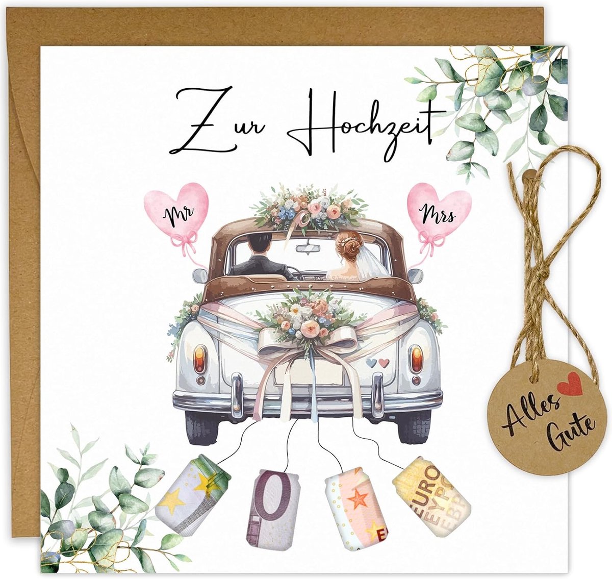 SnelShoppen - JOYEASE Geld Cadeau voor Bruiloft - Geldkaarten, Kraft Papier Enveloppen, Jute Koord, Adhesieve Dots, Cadeau Tags - Creatieve Geld Cadea