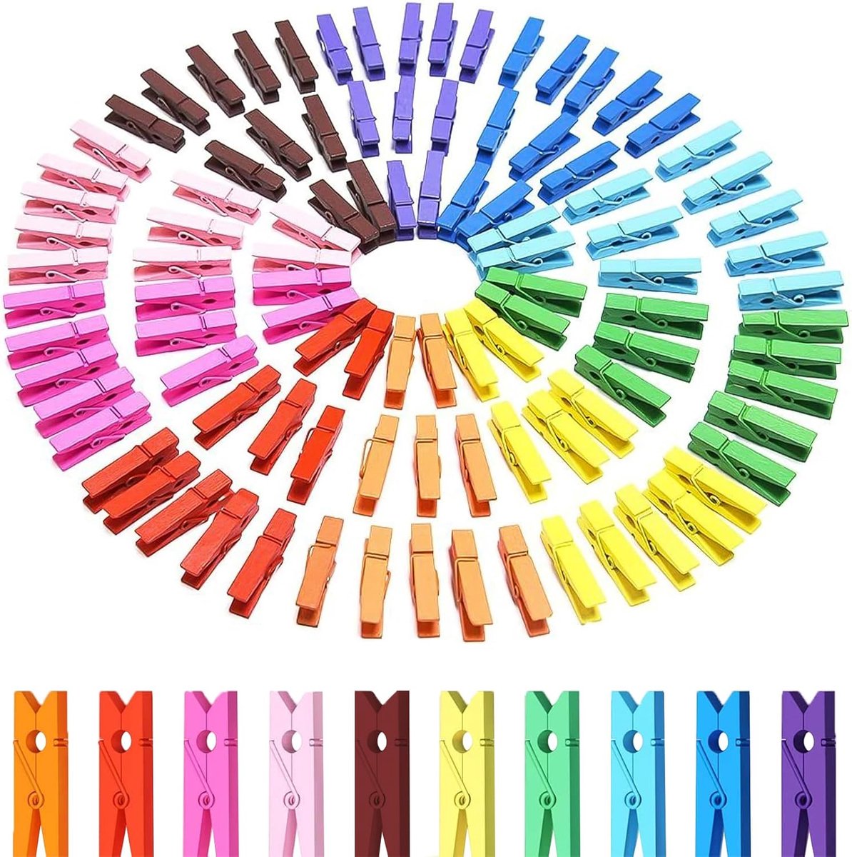 SnelShoppen - Set van 100 Kleurrijke Houten Wasknijpers - Mini Kledingclips voor Foto's, Collages, Postkaarten, Cadeaus - Duurzaam en Milieuvriendelij