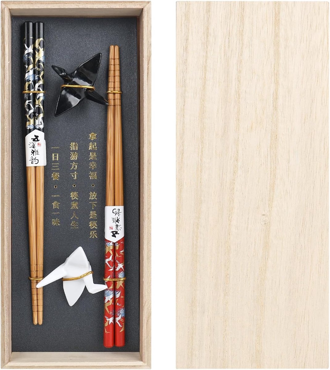 SnelShoppen - Origami Kranich Sushi Chopsticks Set - 2 Paar Houten Eetstokjes met Keramische Pads - Duurzaam en Milieuvriendelijk - Voor Japans, Chine