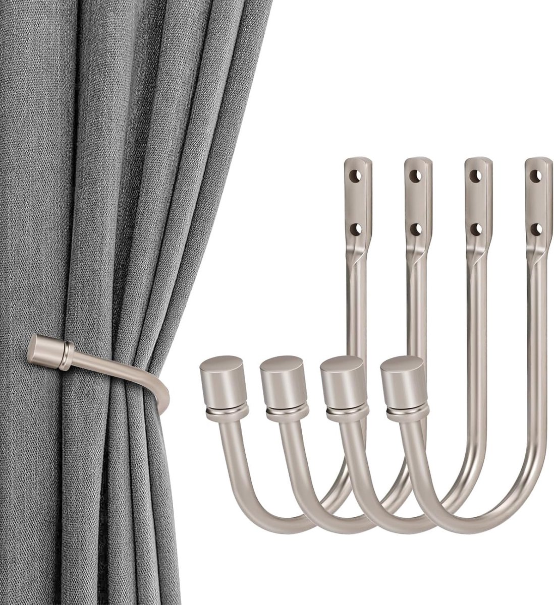 SnelShoppen - 4 Stuks Wandgemonteerde Metaal Gordijnhouders, Decoratieve Gordijnstrik Haken, Zware Dura Metaal Raam Gordijn Klemmen, Zilver