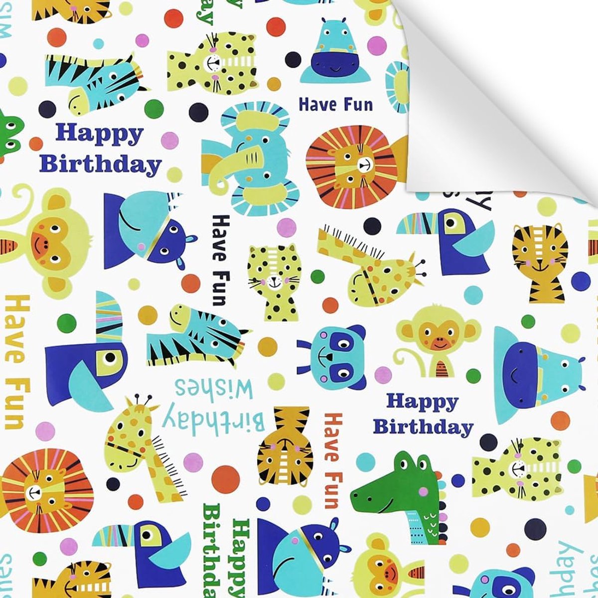 SnelShoppen - Verjaardagsinpakpapier voor Kinderen, 4 Vellen Dieren Ontwerp, 50 x 70 cm, Cadeaupapier voor Verjaardag of Babyshower, Feestelijke Inpak
