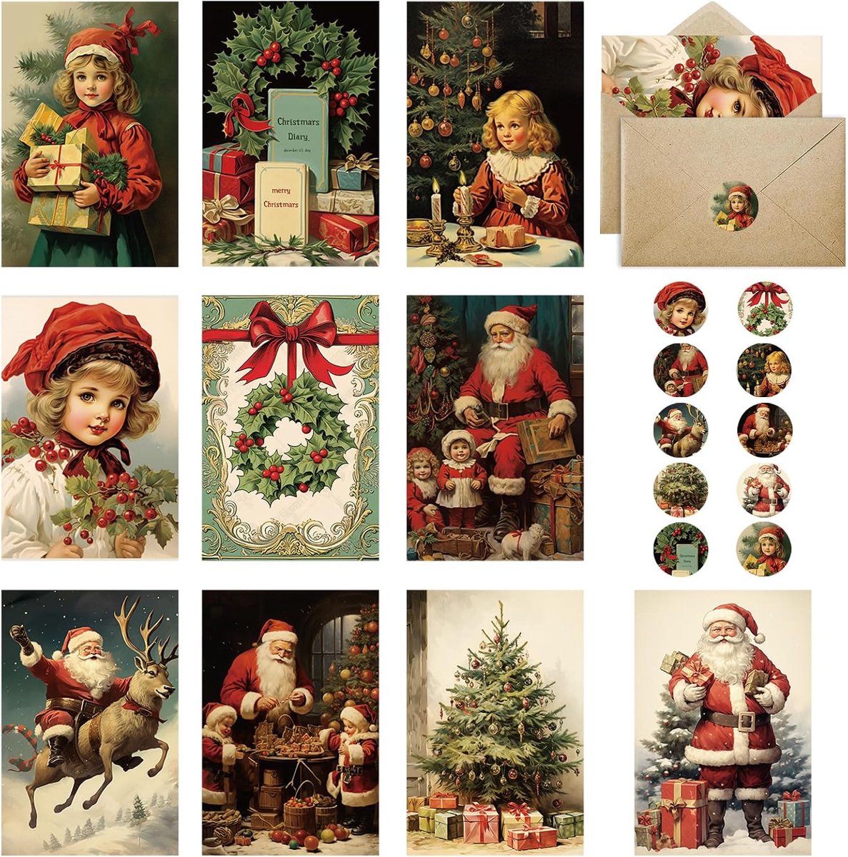 SnelShoppen - Kerstkaarten Set met Enveloppen, 20 Stuks, Vintage Nostalgische Kerstkaarten, A5 Formaat, Kleine Kerstkaarten, Grappige Postkaarten voor