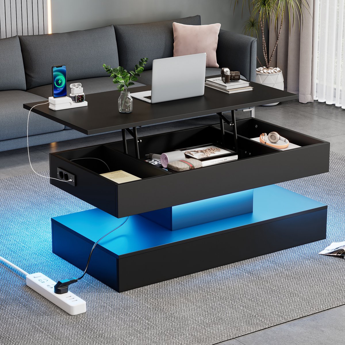 COVREO Salontafel 100x50x42 cm – zwart, met opklapbaar blad, verborgen opbergruimte en LED