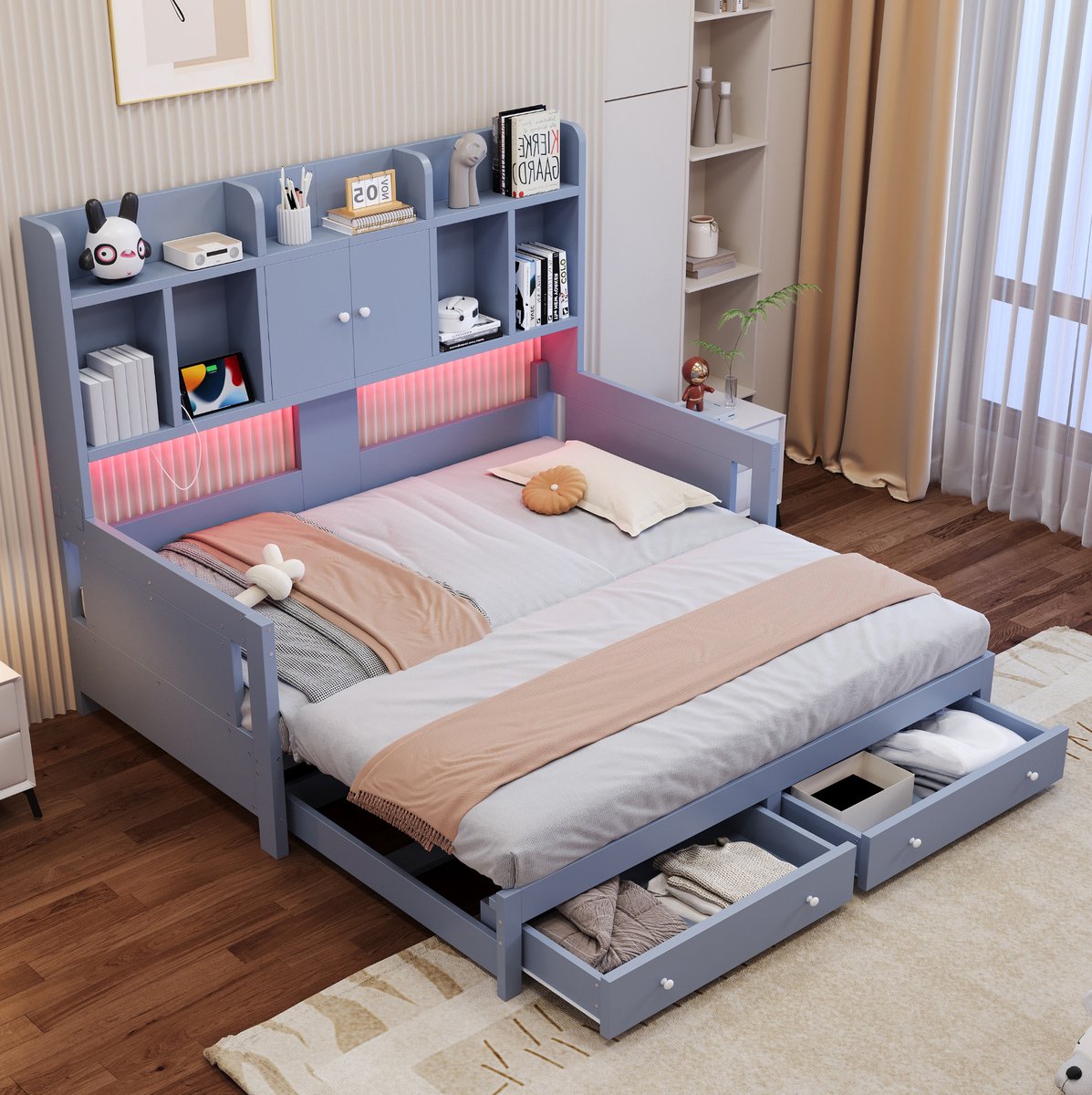 REDOM - Slaapbank - Uitziehbaar met lades en opbergruimte - Met LED-verlichting en stopcontact - Hout en MDF - Grijs - 193,6 x 97 x 140 cm