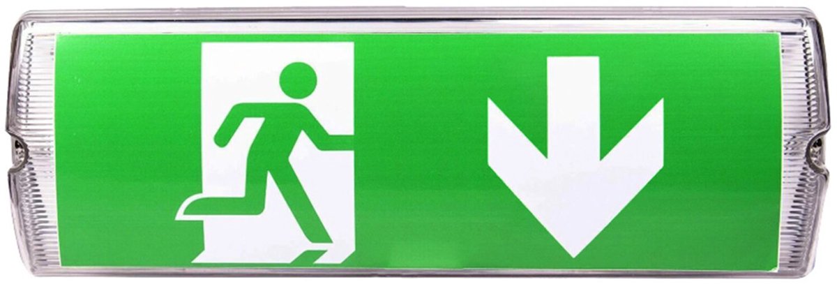 LED-noodverlichting – Vluchtwegverlichting – Pijl naar beneden – Nooduitgangverlichting – Inclusief armatuur en bordje met pijl naar beneden – Met richtingsaanduiding – Geschikt voor woningen, hotels en gebouwen