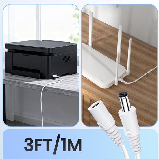 SnelShoppen - 2 stuks 3ft/1m DC verlengkabel 12V 2,1mm x 5,5mm voor beveiligingscamera, CCTV, IP DVR-router, LED-strip, plug-and-play, wit — afbeelding 5
