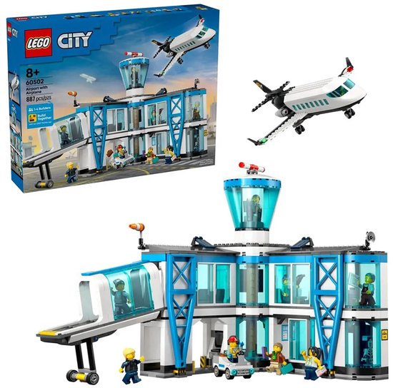 LEGO City Luchthaven met Vliegtuig (60502) doos en losse set met wit gebouw en vliegtuig.