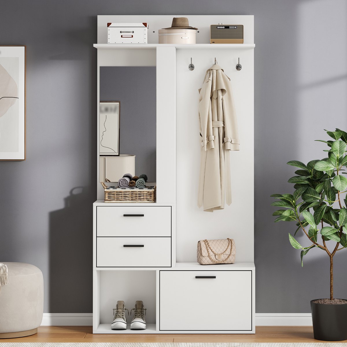 Kapstok - kledingrek - schoenenbank - kledingkast - 2 lades - 3 haken voor jassen en hoeden - een glazen spiegel - daarnaast drie planken - hal - slaapkamer - woonkamer - 90x30x180cm - wit