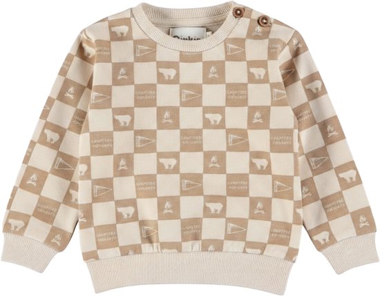 Beige trui met schaakbordpatroon, beren- en kampvuuriconen, tekst "Campfire Moments" en knoopsluiting bij de hals.