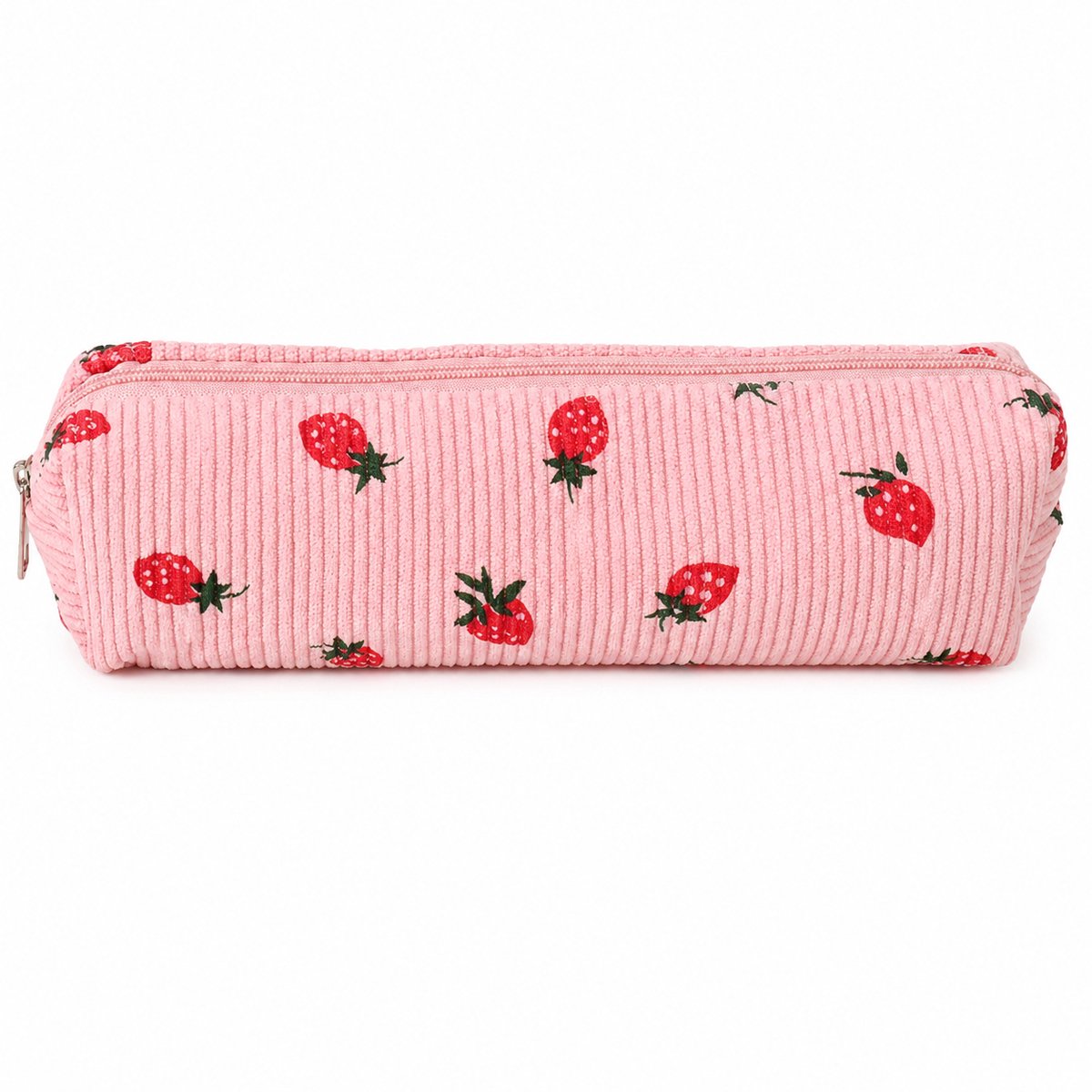 Bobypet Schattige Etui - Roze Corduroy Pennenzak met Aardbei Print - Simpele Make-up Tas en Schoolaccessoire voor Tieners en Studenten