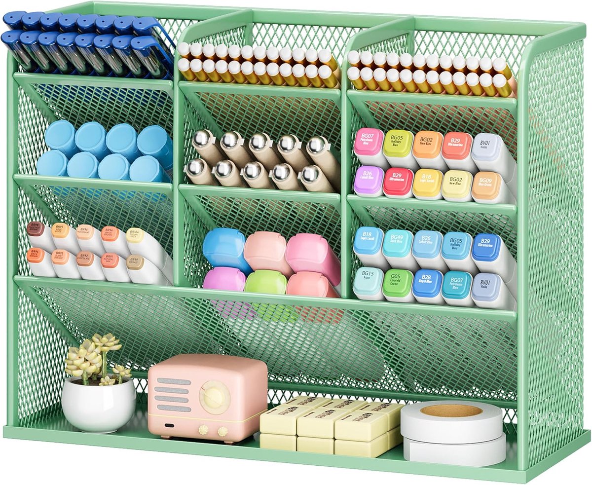 SnelShoppen - Desk Organizer met 9 Compartimenten, Penhouder, Netpennen, Metaal Racket, Groene Bureau Organizer voor School en Thuiswerkplek