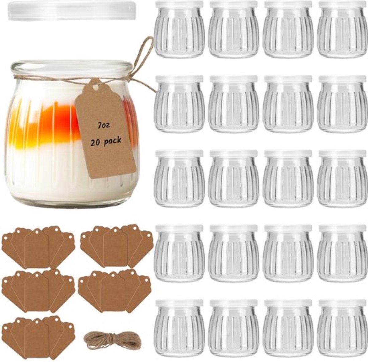 Yoghurtglazen 200ml - 20 Stuks - Puddingglazen - Jampotten - Herbruikbaar - Met Luchtdichte Deksel - Inclusief Labels en Koord