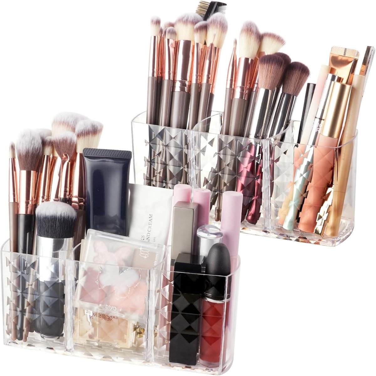 SnelShoppen - 2-delige Make-up Borstelhouder met 3 Slots, Acryl Make-up Organizer, Transparante Kristallen Make-up Box voor Eyeliners, Lipstick, Masca