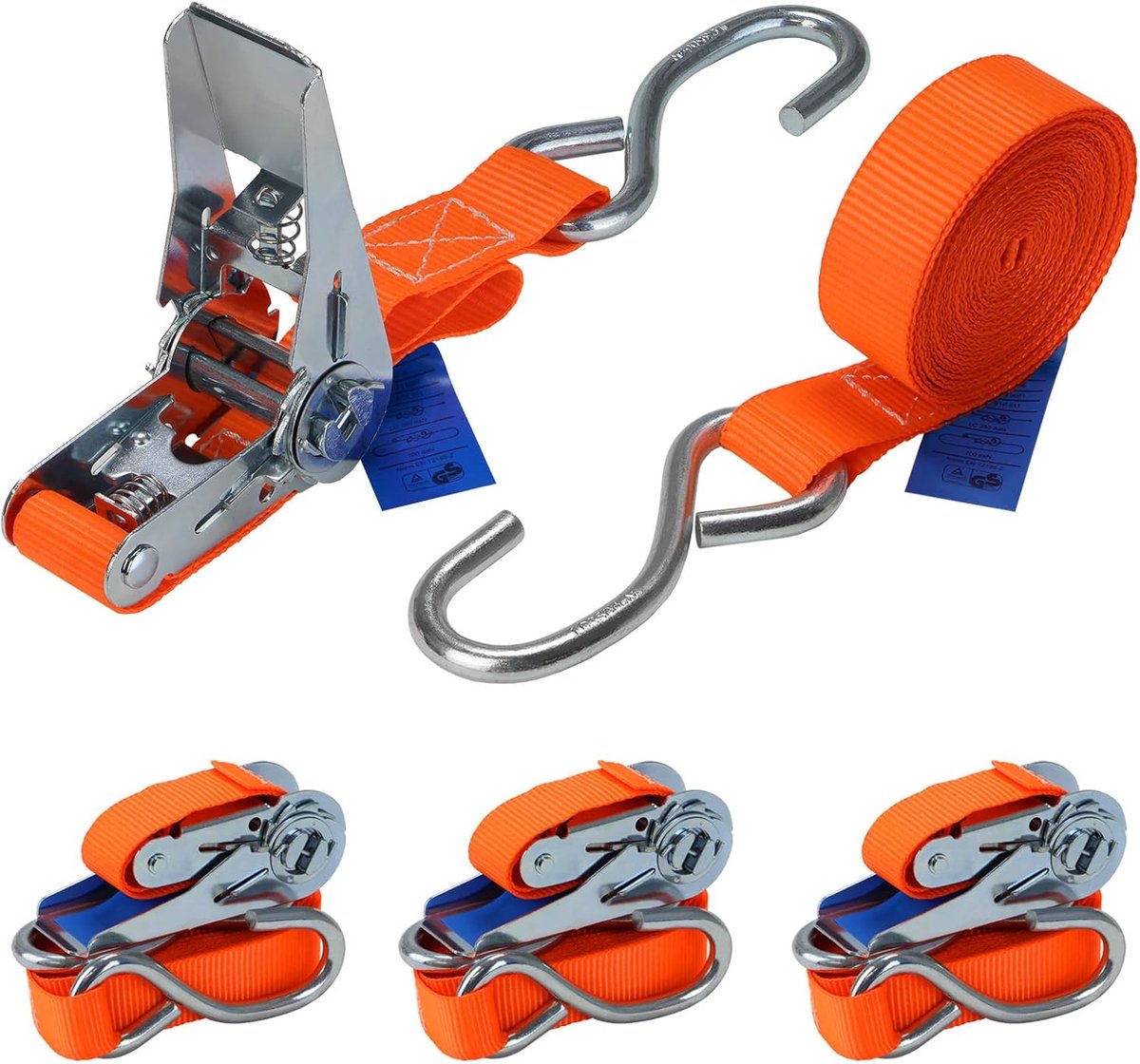 SnelShoppen - Lashing straps set van 4 met ratchet en S-haak - 700 kg lashing strap DIN EN 12195-2 - 2,5 cm x 4 m of 6 m - Oranje voor camping, transp