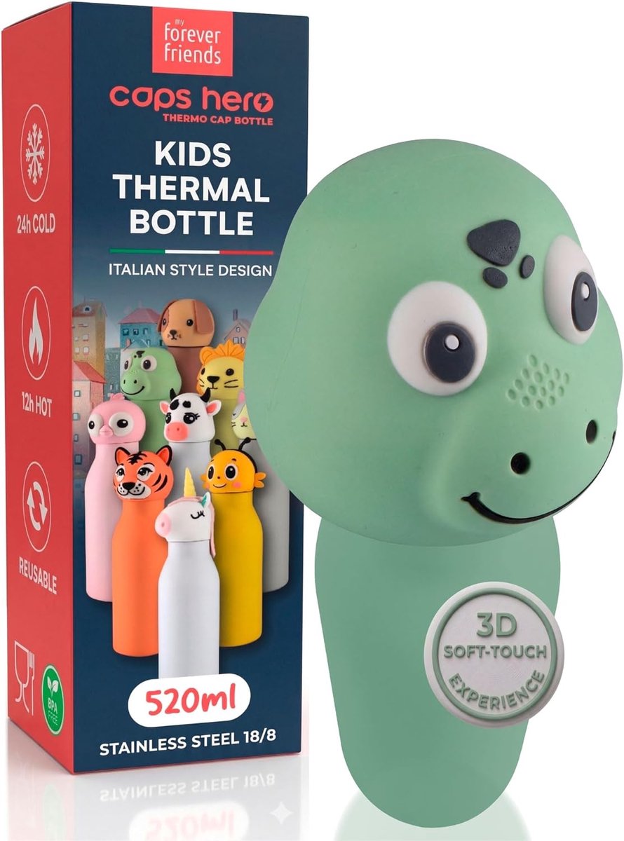 SnelShoppen - Drinkfles voor Kinderen BPA Vrij RVS 520ml - Crocodile Dino Dex Drinkbeker voor School Herbruikbaar Anti-Geurtjes Dubbele Wand 230x70mm