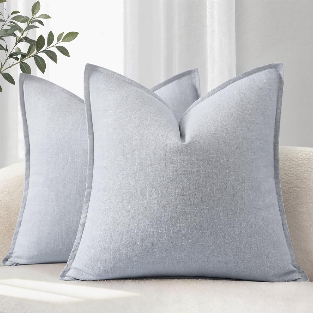 SnelShoppen - Set van 2 Kussenhoezen 50x50 cm - Zachte en Comfortabele Linnen Kussenhoezen - Moderne Sofa Kussens met Randdecoratie - Lichtblauw voor