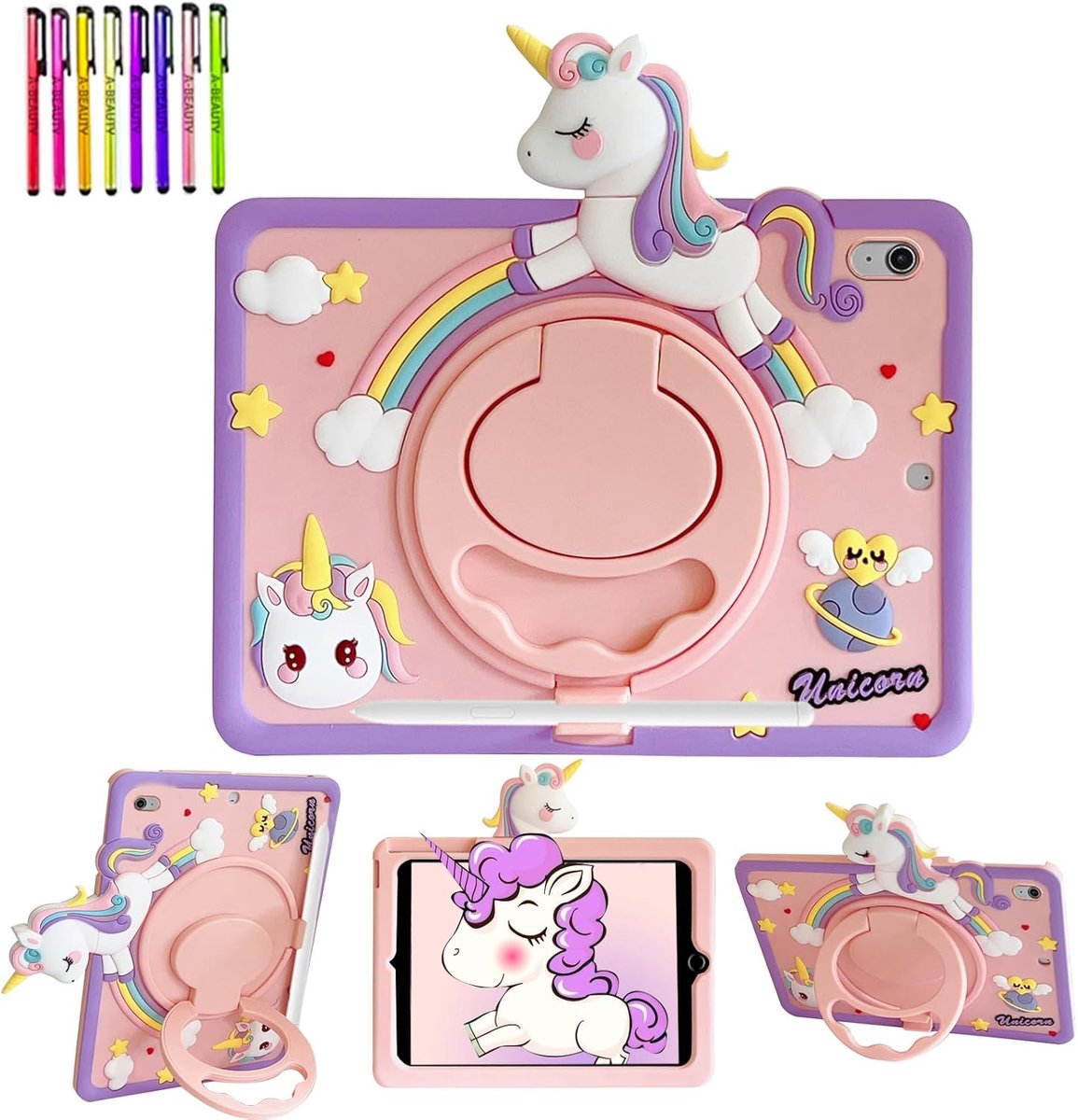 SnelShoppen - iPad Case A16 11th/10th Gen 2025/2022, Shockproof Silicon, Unicorn Design, 360° Rotatable Handle Stand met Pencil Holder