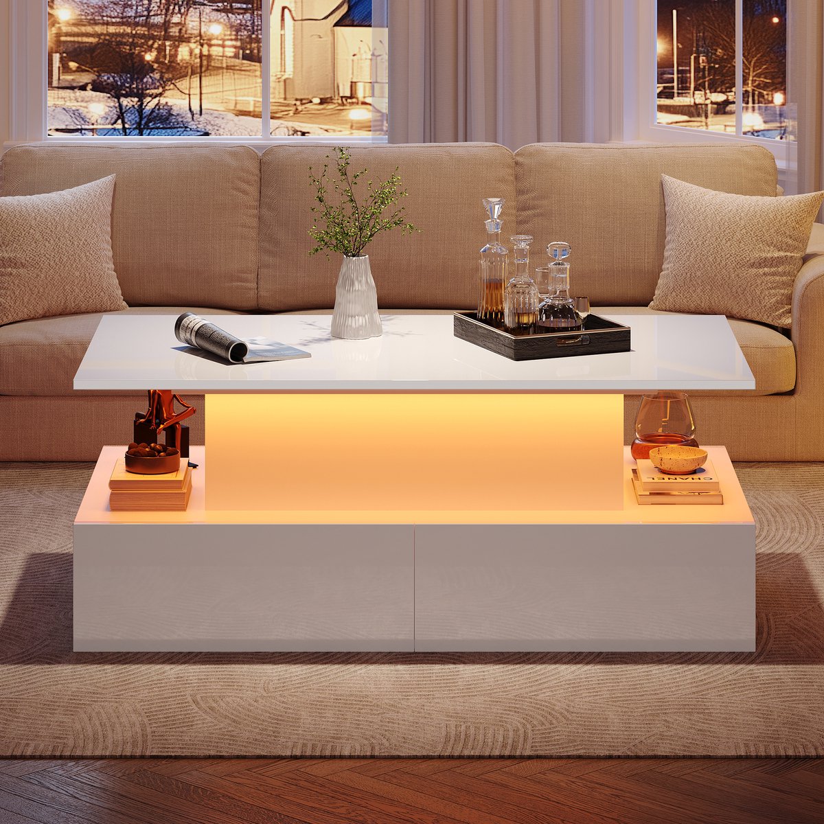 COVREO Salontafel 90 x 55 x 41 cm – wit hoogglans, LED-verlichting, 4 lades