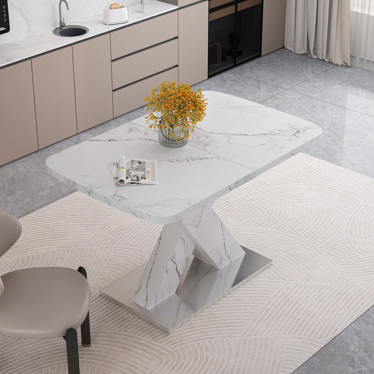 COVREO Eettafel 120-160x80x76,5 cm – uitschuifbaar, wit marmerlook fineer blad, X-vormig onderstel