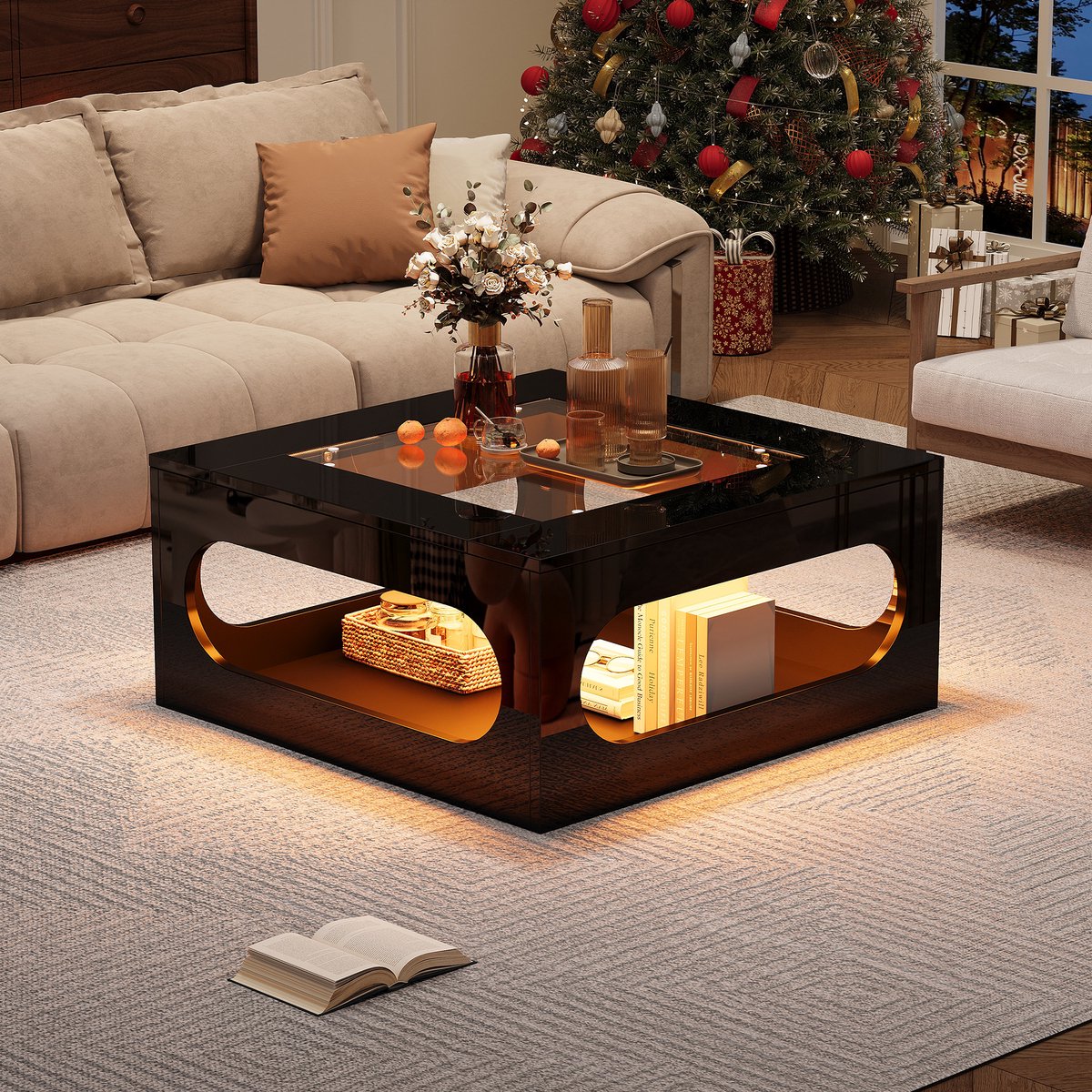 COVREO Vierkante Salontafel 70 x 70 x 35 cm - zwart, MDF, gehard glas, LED en opbergruimte