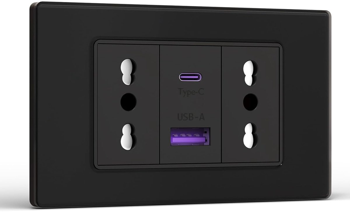 SnelShoppen - 2-Weg Wandcontactdoos met 20W Snelladen, 10A/16A Multifunctionele USB A en C Wandstekker, 118mm, Zwart voor Kantoor, Hotel en Thuis