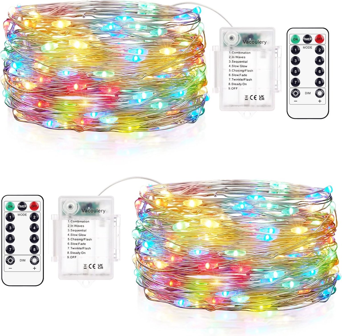 SnelShoppen - Pack van 2 10 m 100 LED Waterdichte Fairy Lights met 8 Modi en Afstandsbediening - Batterij Operated Versiering voor Binnen en Buiten, P