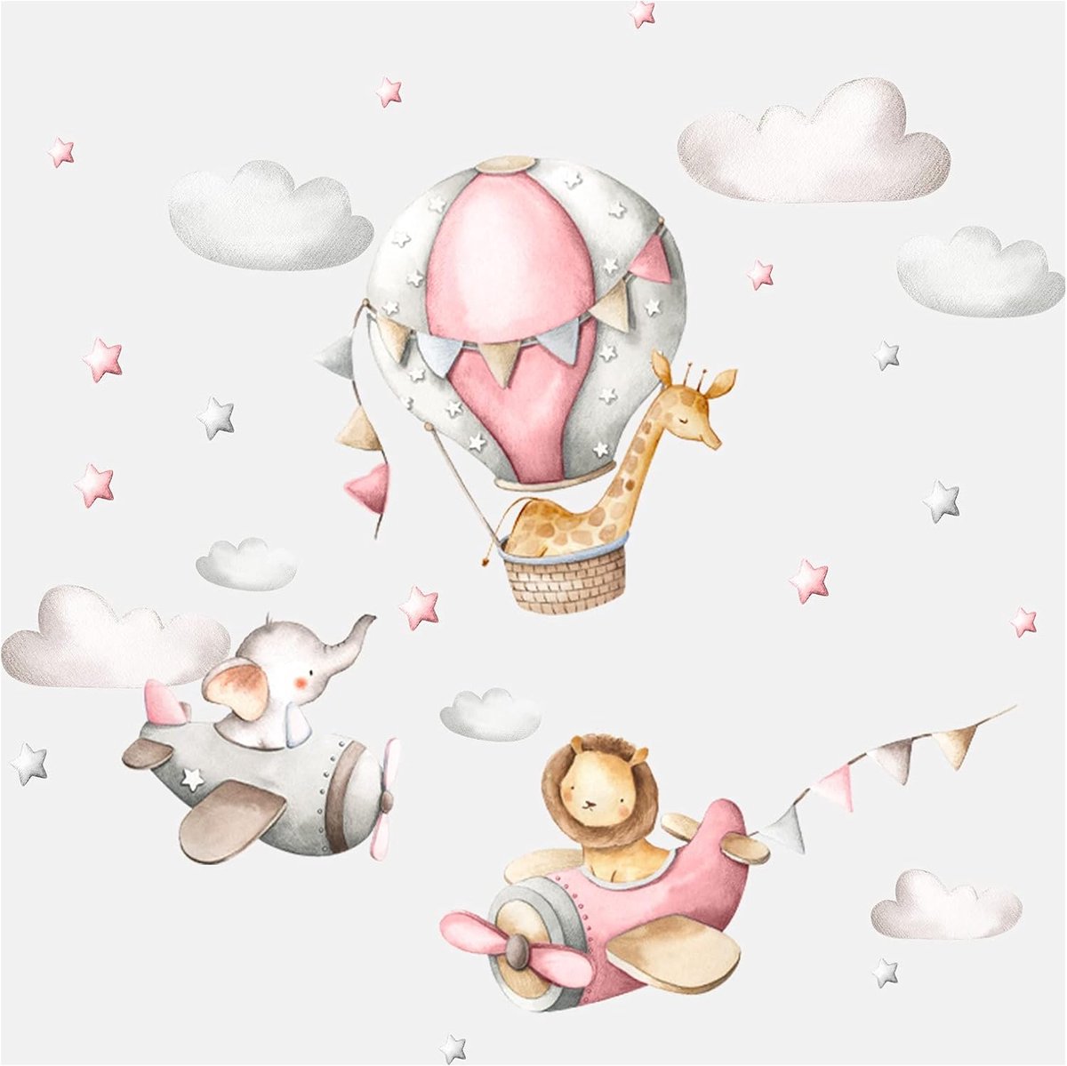 SnelShoppen - Muurstickers Kinderkamer Meisjes met Dieren en Vliegtuigen, Roze, 62 x 28 cm - Wanddecoratie Leeuw, Olifant, Ballon, Wolken voor Baby en