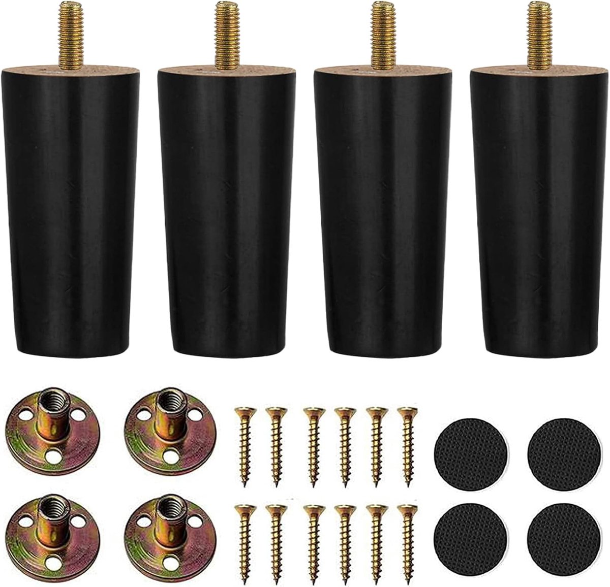 SnelShoppen - 4 Stuks Zwarte Houten Tafelpoten - Vervangende Meubelpoten voor Sofa, Armstoel en Bed - Inclusief Montageplaten, Schroeven en Rubber Pad