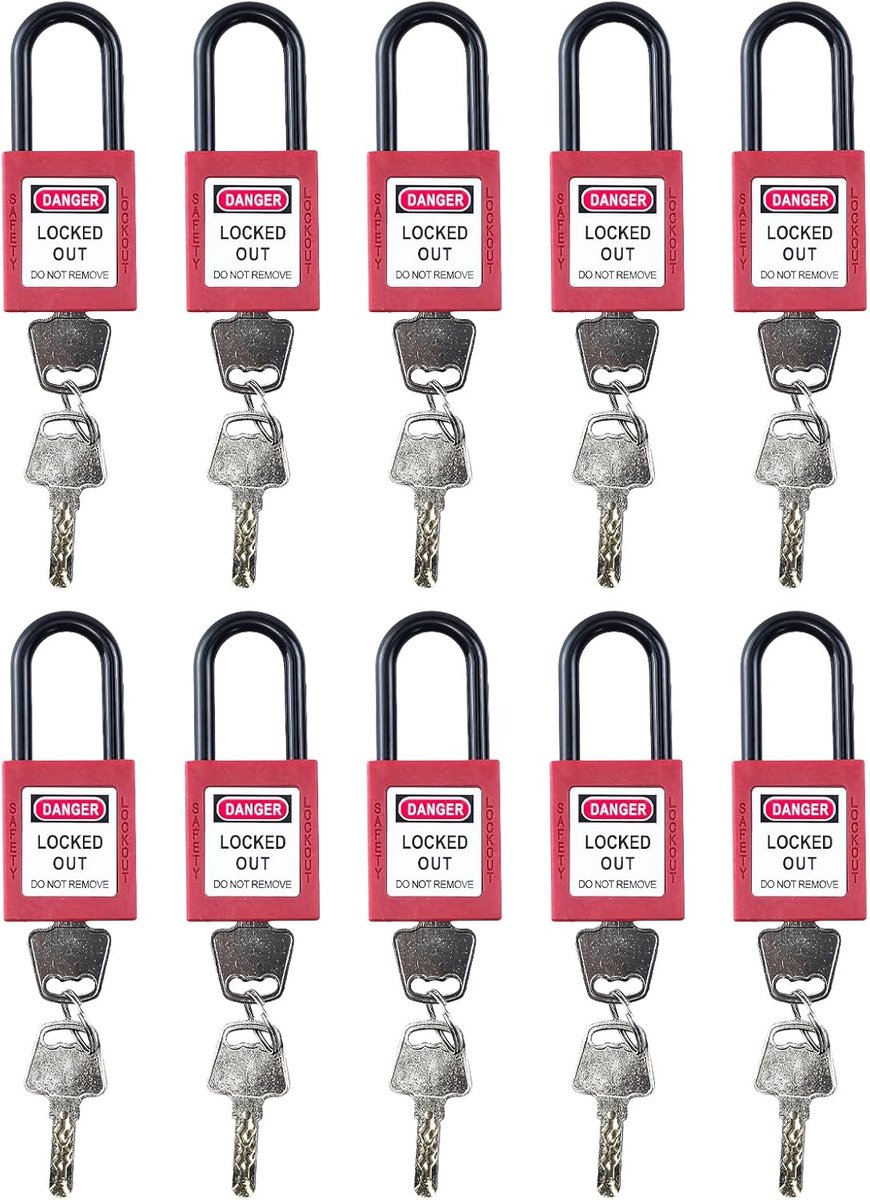 SnelShoppen - Lockout Padlock Set van 10, 38mm Nylon Beveiligingsslot met Sleutel, Veiligheidslock voor Lockout Stations en Apparaten (Rood)