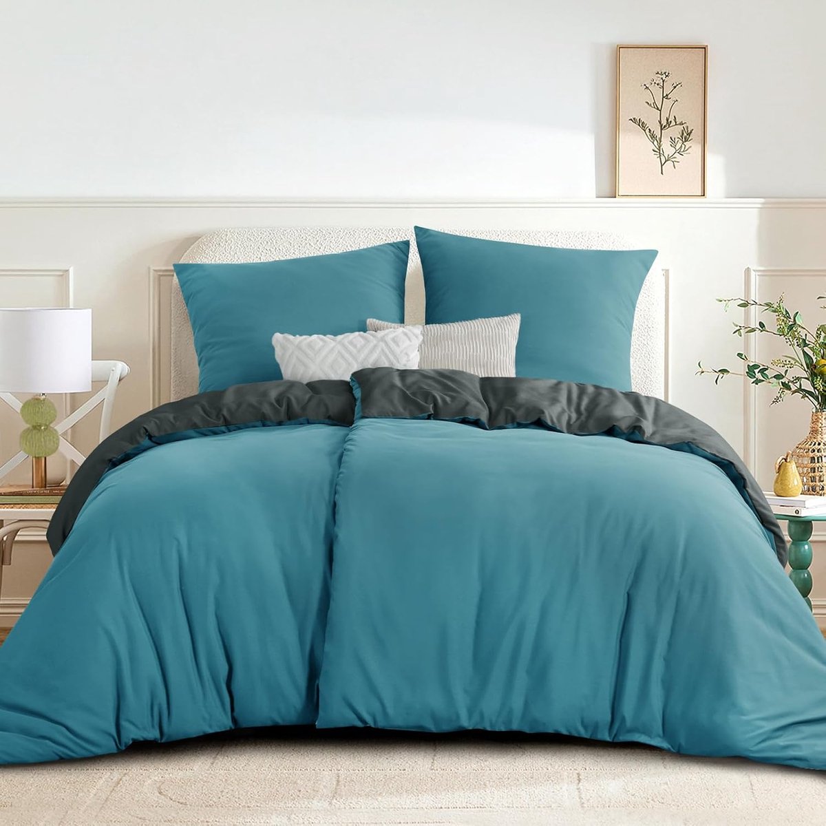 SnelShoppen - Luxe Bedlinnen Set 135 x 200 cm Turquoise Grijs - 4-delige Omkeerbare Dekbedovertrek met Rits - Oeko-Tex Microvezel - Zacht en Kreukvrij
