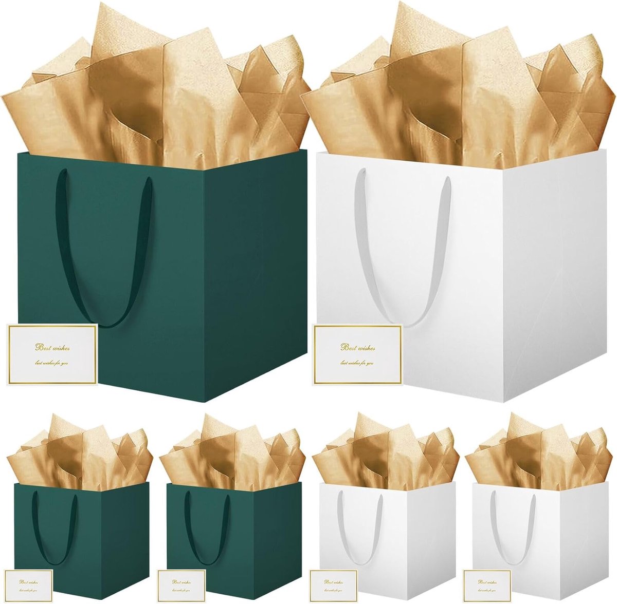 SnelShoppen - Pack van 6 Vierkante Grote Cadeauzakken met Tissuepapier en Kaarten 30x30x30 cm voor Verjaardagen, Bruidsmeisjes en Trouwen - Groen en B