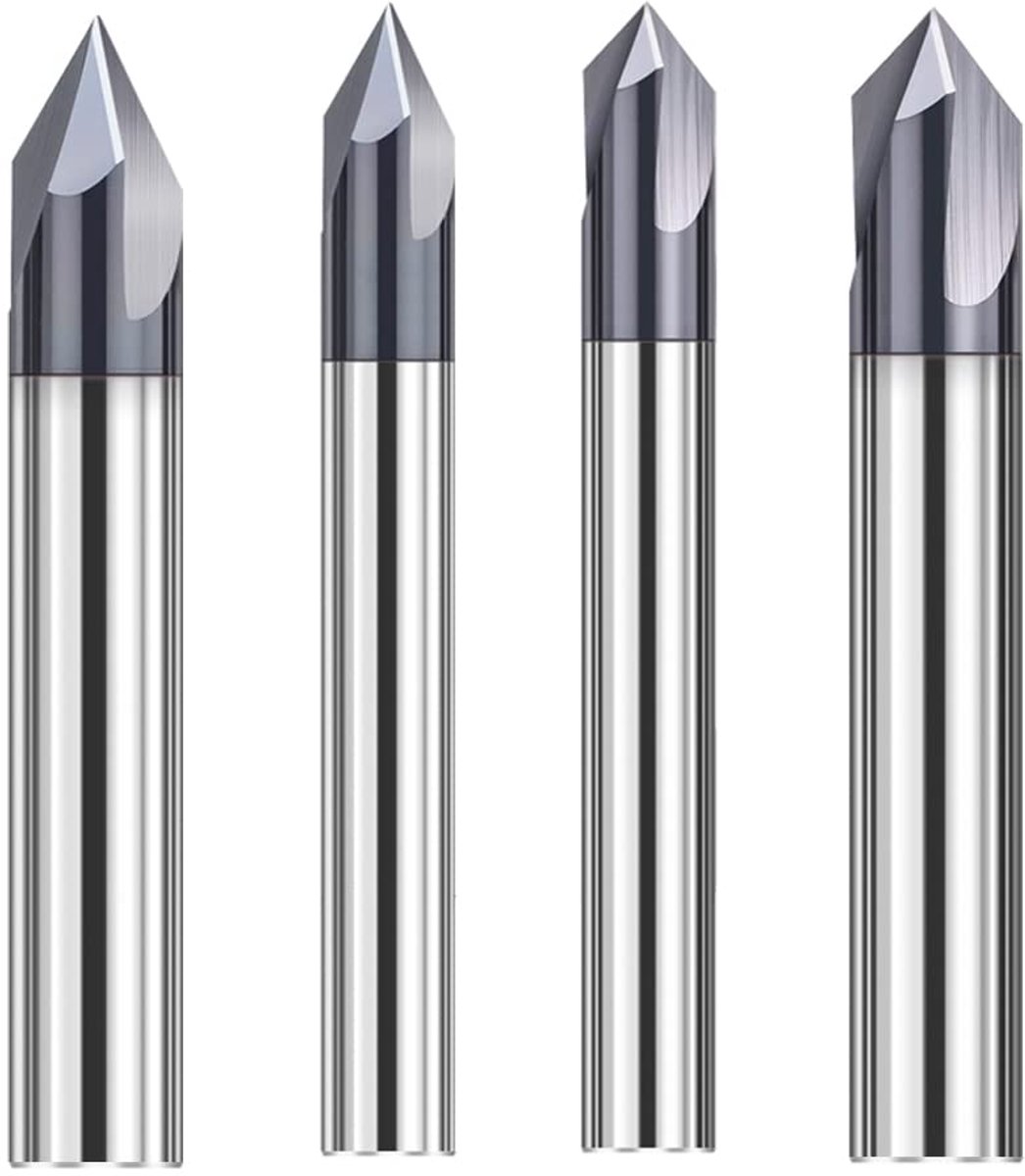 SnelShoppen - 4-delige CNC Frees Cutter Set met V Groeven, 60° en 90°, 4 mm en 6 mm Schacht, Tungsten Carbide, TiAlN Coating voor Houtbewerking