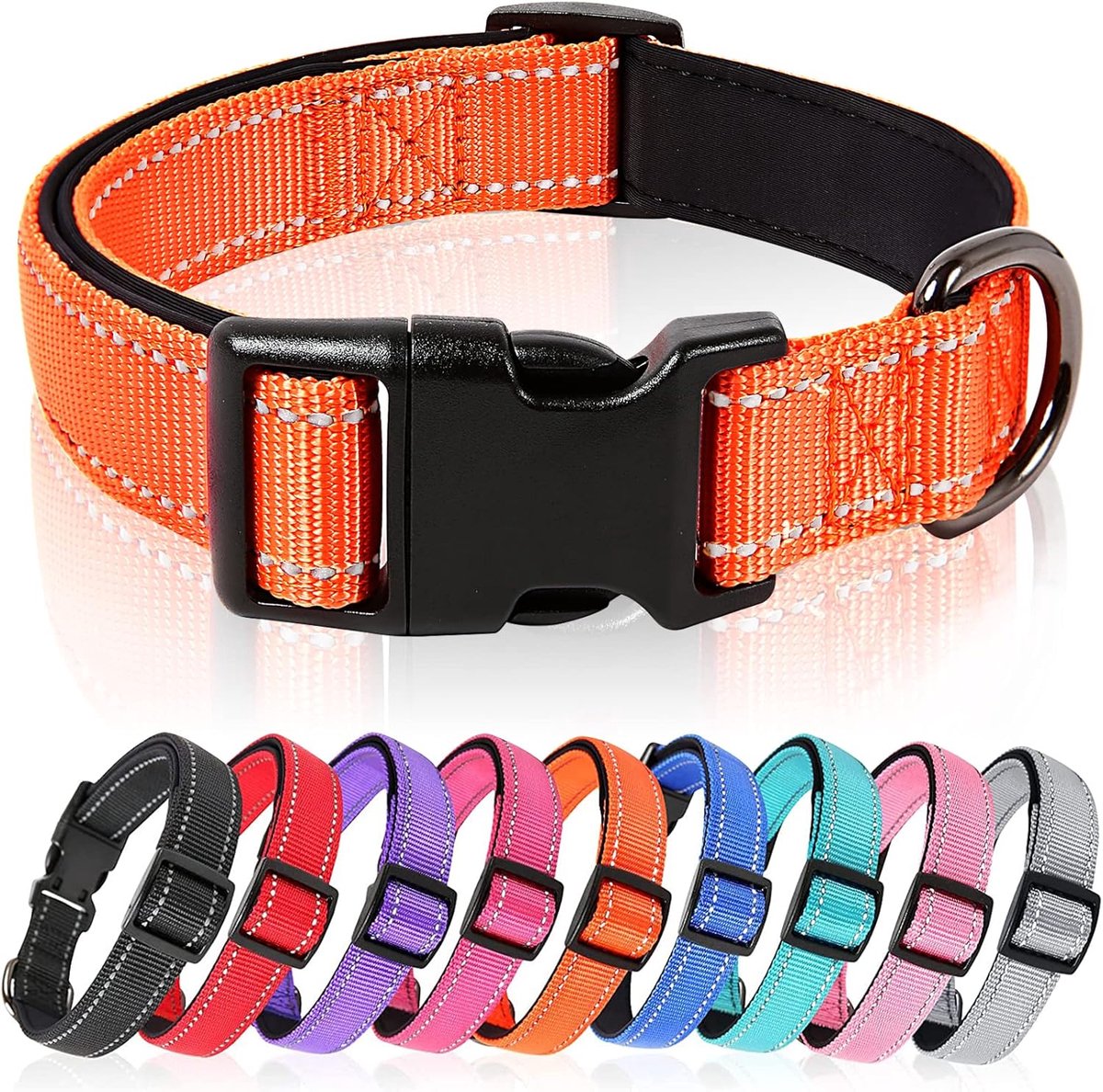 SnelShoppen - Reflecterende Hondenhalsband - Verstelbare Padded Nylon Halsband voor Kleine, Medium en Grote Honden - Zacht Neopreen - Oranje L
