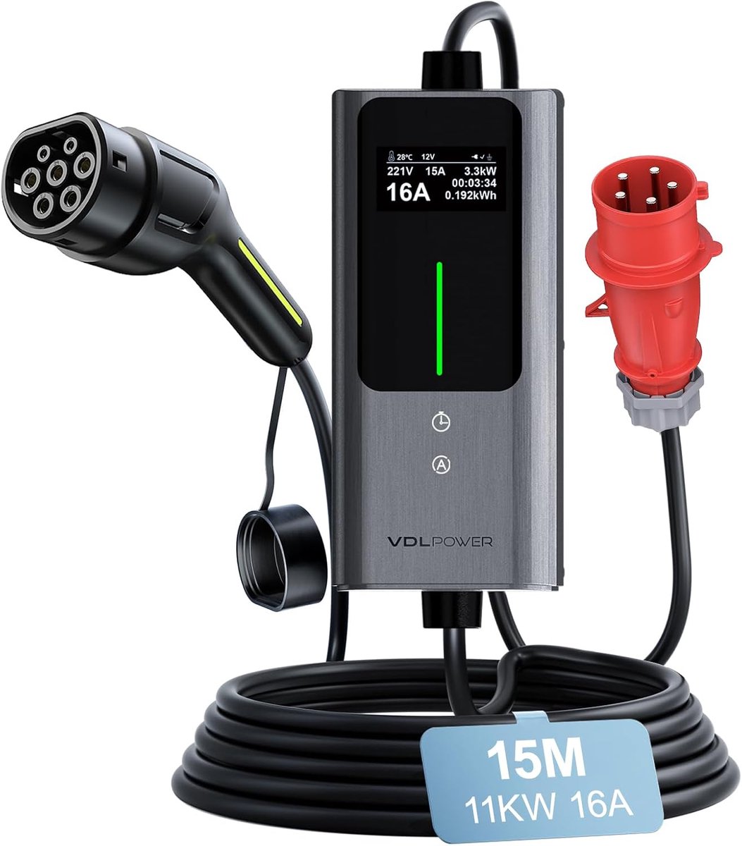 SnelShoppen - Type 2 Oplaadkabel CEE 11 kW/15 m voor Elektrische Auto - Draagbare EV Oplader 6A-16A - Type 2 Wallbox voor Elektrische Voertuigen IP65