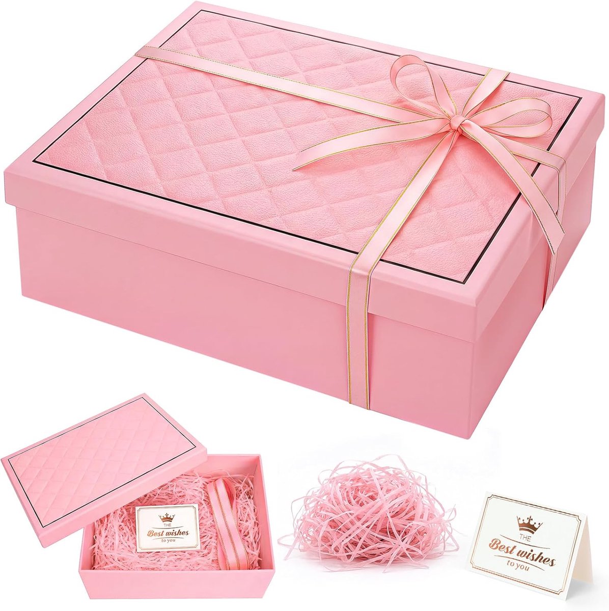 SnelShoppen - Geschenkdoos 25 x 18 x 8,5 cm, opvouwbare geschenkdozen met leren structuur en ruitpatroon, roze met wenskaart, raffiaboom en strik voor