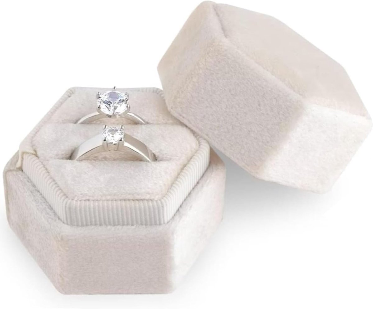 SnelShoppen - Velvet Beige Hexagon Ringdoos voor Verlovingsringen & Trouwringen - Elegante Presentatie voor 2 Ringen - Perfect voor Valentijnsdag & Ce