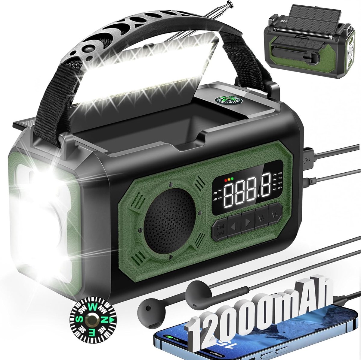 SnelShoppen - 12000mAh Noodradio, Multifunctionele AM/FM Weeradio, 2 Zonnepanelen, Handcrank, USB Oplaadkabel, SOS Alarm, Zaklamp, Telefoonoplader, Ko