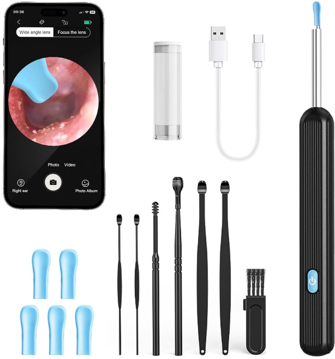 SnelShoppen - Oorwasverwijderaar met Camera, 1080P HD WiFi Otoscope voor Veilig Oorreinigen, 6 LED's, IP67 Waterdicht, Compatibel met iOS en Android S